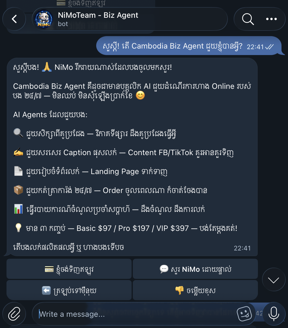 Bot ឆ្លើយ — Cambodia Biz Agent